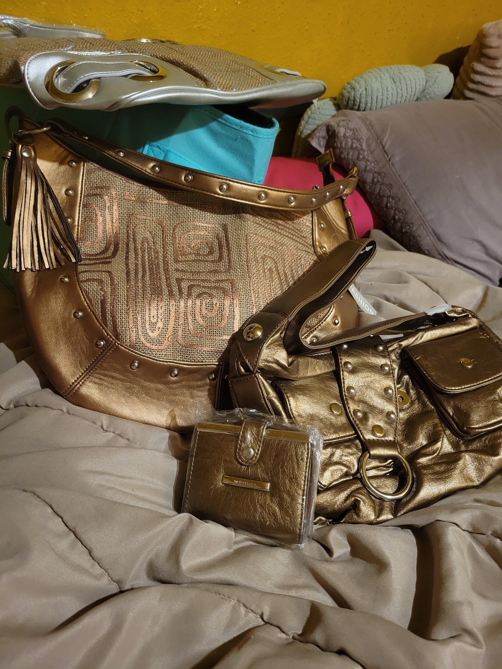 Metallic Gold Women’s Hobo Bag Set with Matching Wallet